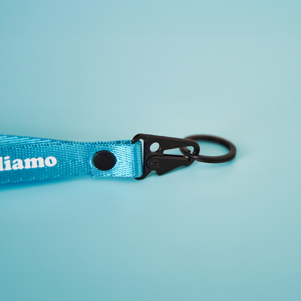 Portachiavi azzurro piangiamo / balliamo – le chiavi del tuo cuore spezzato.