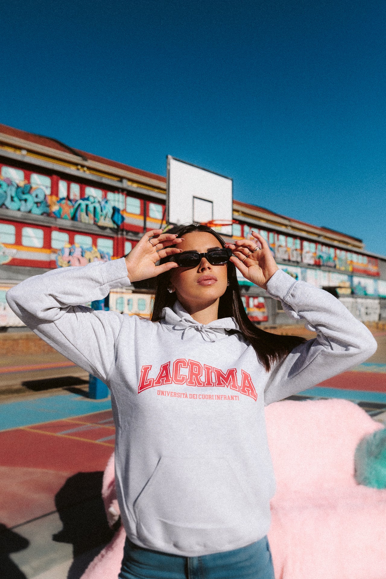 Felpa Hoodie College Grigia Rossa