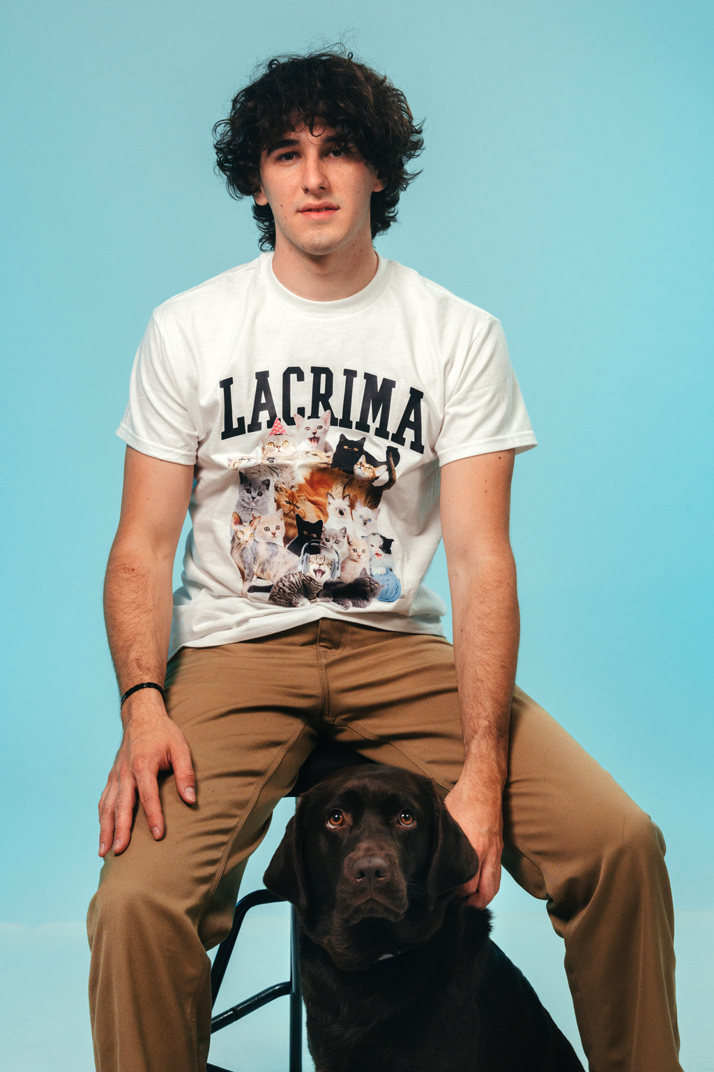 Maglietta bianca unisex con grafica lacrima e un esercito di gattini.